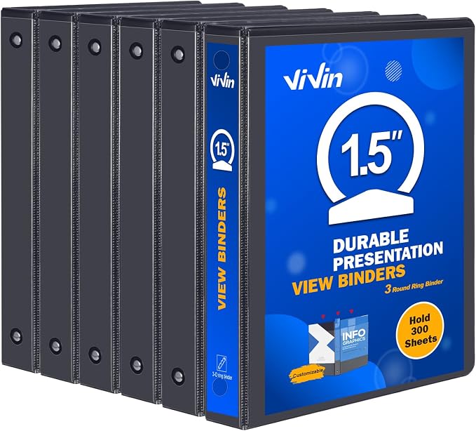 ViVin Sturdy 3 Ring Binder 1.5 Inch with 2 Interior Pockets, 6 Pack, Black | 1-1/2"-Round Ring Binder with Clear Front Pockets, PVC-Free, Fits 300 Sheets of 8.5'' x 11'' Paper, Office Home School Use