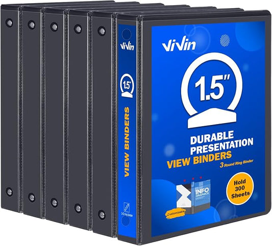 ViVin Sturdy 3 Ring Binder 1.5 Inch with 2 Interior Pockets, 6 Pack, Black | 1-1/2"-Round Ring Binder with Clear Front Pockets, PVC-Free, Fits 300 Sheets of 8.5'' x 11'' Paper, Office Home School Use