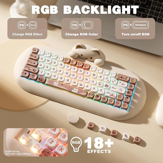 YUNZII C68 Silicone Cute Cat Mechanical Keyboard (Brown,Cocoa Cream Switch) | Wireless Triple Mode BT5.0/2.4G/Wired, RGB Backlit NKRO, Cute Cat Silicone Ergonomic Design for Win/Mac