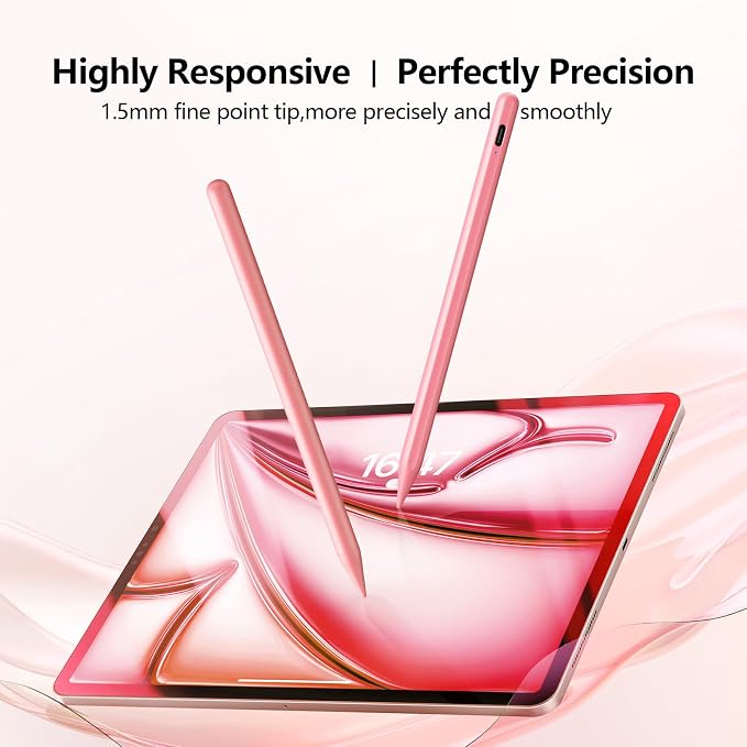 Stylus Pen for iPad 6th-11th Generation-2X Fast Charge Active Pencil Compatible with 2018-2026 Apple iPad Pro 11"/12.9"/M4, iPad Air 3/4/5/M2/M3/M4,iPad mini 5/6/7 Gen-Pink | Tilt Sensitivity, USB-C Charge, Compatible with 2018-2026 Apple Pencil iPad P...