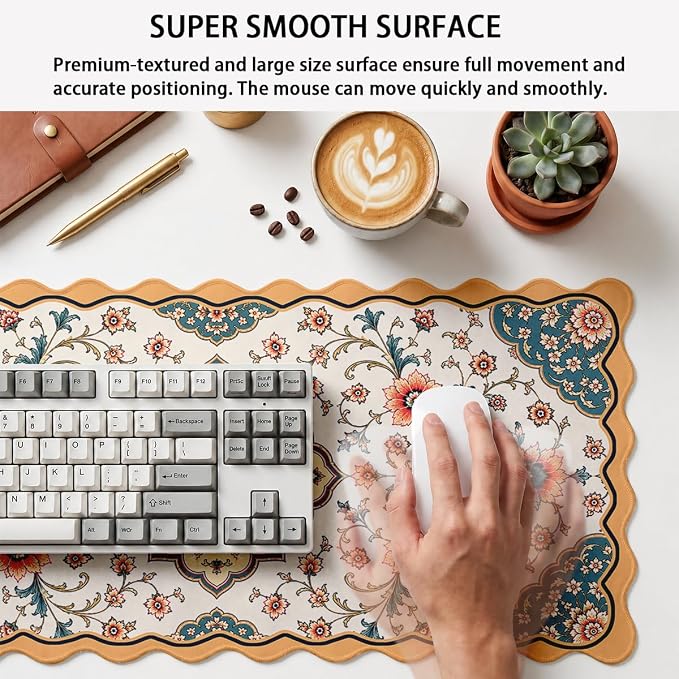 French Country Scalloped Desk Mat Vintage Coral Teal Floral Scroll Mousepad XL Large Gaming Mouse Pad Laptop Keyboard Mat Desk Pad Office Home Decor for Women Girl 31.5"x15.7"