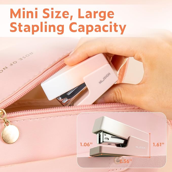 NUSIGN Mini Stapler with 830 Staples, Small Cute Desk Staplers, 25 Sheet Capacity, Pink-White Gradient