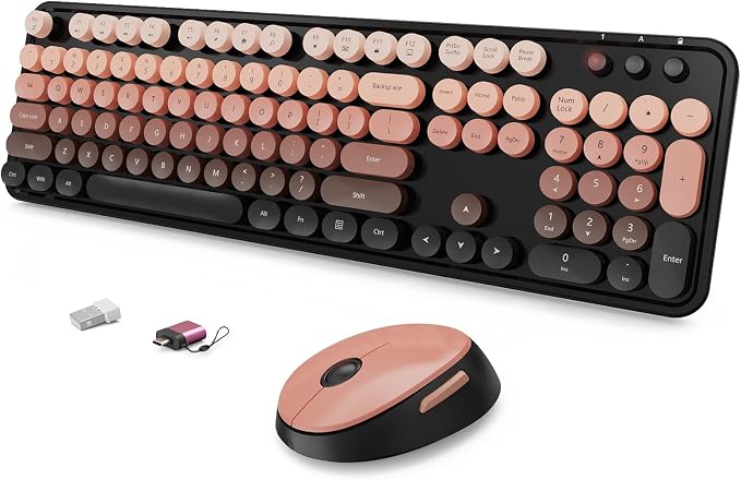 SkyGive Wireless Keyboard and Mouse Combo, Ergonomic Full Size Typewriter Retro Round Keycaps Keyboard, Compatible with Windows, PC, Perfer for Home and Office Keyboards (Aurora Red)