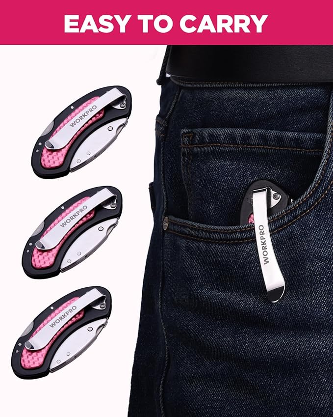 WORKPRO 3-Pack Folding Utility Knife, Pink Box Cutter Quick Change Blade Razor Knife, Back-lock Mechanism with 10-piece Extra Blades, Pink Ribbon