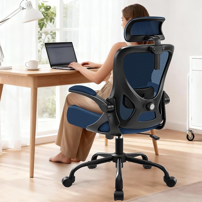 Office Chair - Ergonomic Desk Chair Breathable Mesh Chair with 2D Headrest & Adjustable Lumbar Support - Executive High Back Rolling Swivel Computer Gaming Chair with Wheels Flip-up Armrests