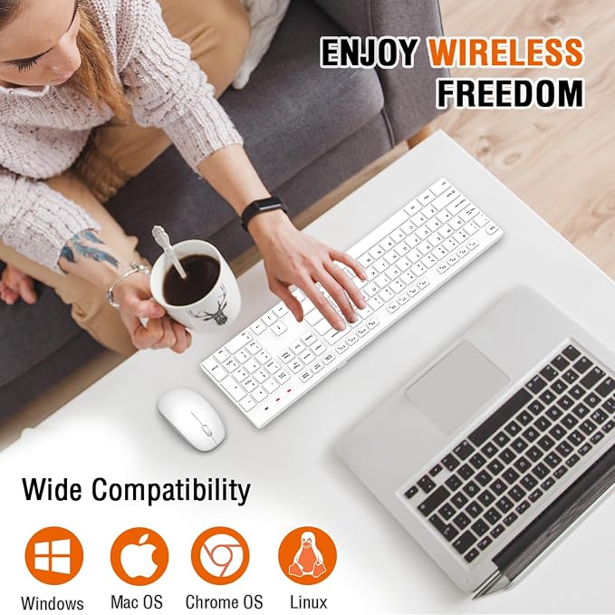 Wireless Keyboard and Mouse Combo, EDJO Silent Full Size Cordless USB Keyboard Mouse, 2.4GHz Lag-Free, Long Battery Life, for Computer, Laptop, PC, Chromebook, Windows (White, 1 Pack)