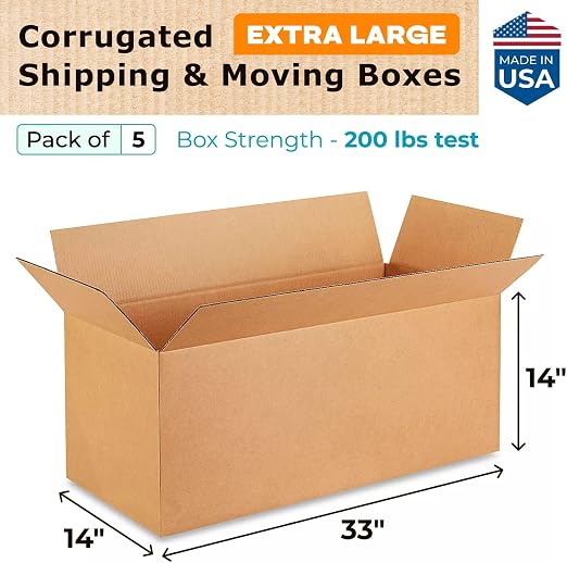 Extra Large Shipping & Moving Boxes 33 x 14 x 14 inches (5-Pack) - Extra Strength 200 lb vs Regular - Corrugated Packing Boxes for USPS/UPS - Large Shipping Box by IDL Packaging