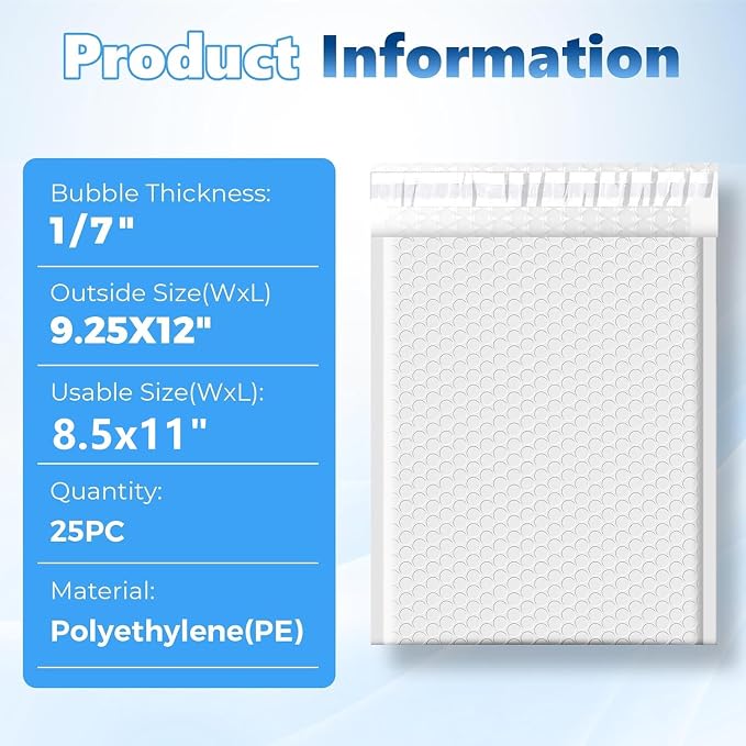 Metronic Bubble Mailers True 8.5x11" Usable Size Padded Envelopes 25 Pack | 50% Thicker 1/7" Bubble 8.5x12" Self Seal Water-resistant bubble envelopes for Books,DVD,Magazine& Small Business,#2,White