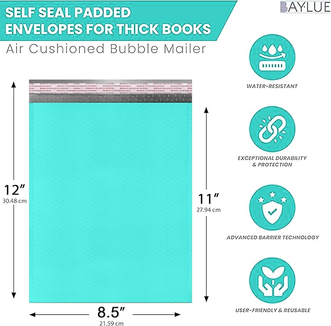 Teal 8.5x12 Inch Poly Bubble Mailers #2 |Self Seal Padded Envelopes | Air Cushioned Bubble Mailer | Usable Size 8.5x11 Inch | 100 Pack Bulk | Waterproof | Lightweight Mailing Shipping Bags