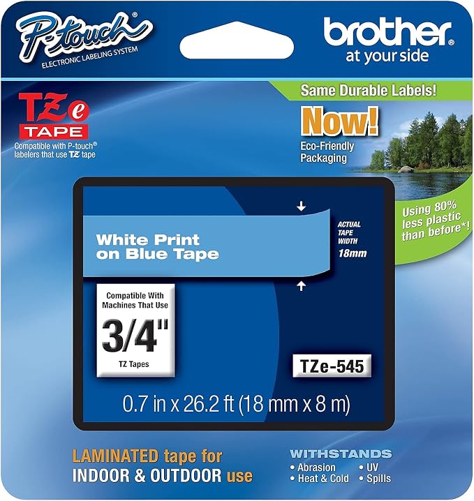 Brother Genuine P-Touch TZE-545 Tape, 3/4" (0.7") Standard Laminated P-Touch Tape, White on Blue, for Indoor or Outdoor Use, Water-Resistant, 26.2 ft (8 m), Single-Pack