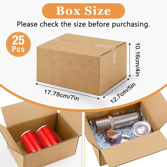 25 Pack 7x5x4 Inches Shipping Boxes, Kraft Corrugated Mailer Boxes, Heavy Duty Cardboard Box, Small Shipping Box for Shipping Packaging Mailing Storage Small Business