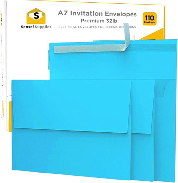 110 5x7 Deep Sky Blue Invitation Envelopes - for 5x7 Cards - A7 - (5 ¼ x 7 ¼ inches) - Perfect for Weddings, Graduation, Baby Shower - 120 GSM - Peel, Press & Self Seal - Square Flap