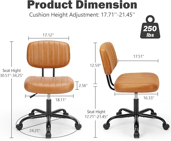 DUMOS Small Desk Chair, Home Office Chair, Lumbar Support | PU Leather, Low Back, 360 Swivel Wheels, Height Adjustable, Armless Computer Task, Brown