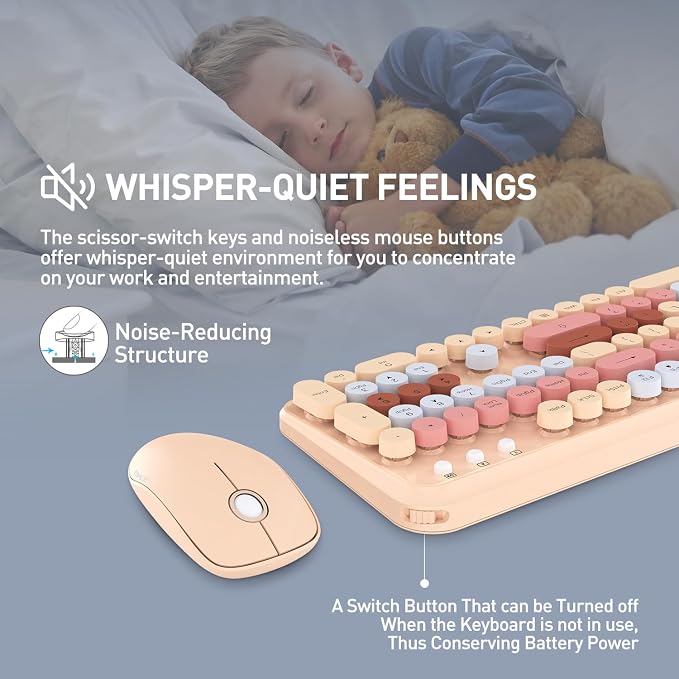 Wireless Keyboard and Mouse Combo, 105 Keys Full-Sized 2.4 GHz Round Keycap Colorful Keyboards, USB Receiver Plug and Play, for Windows, Mac, PC, Laptop, Desktop (Milkteacolorful)