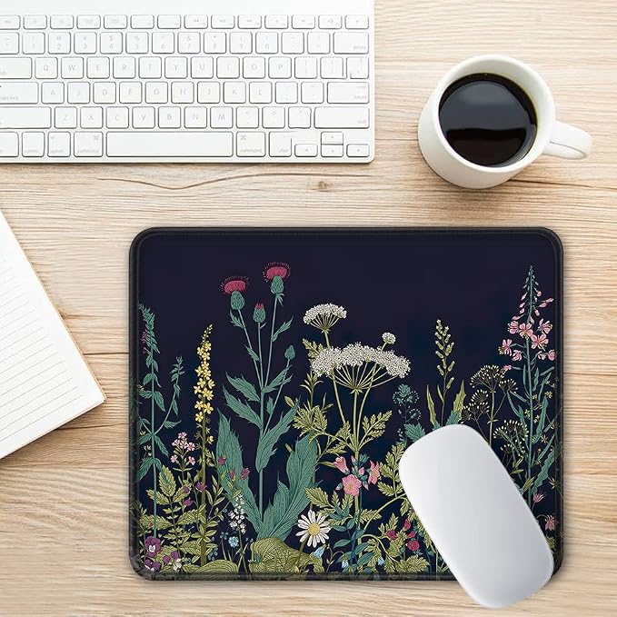BOSOBO Mouse Pad, Square Anti-Slip Rubber Gaming Mousepad, Premium-Textured & Waterproof Mouse Mat with Stitched Edge, Cute Office Mouse Pads for Women Men Computer Laptop, 10" x 8", Black Flowers