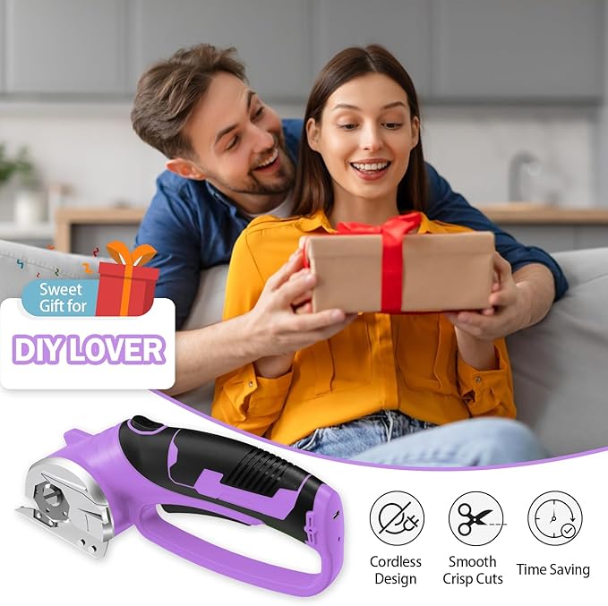 Cordless Electric Scissors, 4V Rechargeable Box Cutter & Cardboard Cutter with LED Light, Safety Lock - Rotary Cutter for Fabric, Leather, Carpet, Plastic, Crafting, Sewing with Storage Box(Purple)