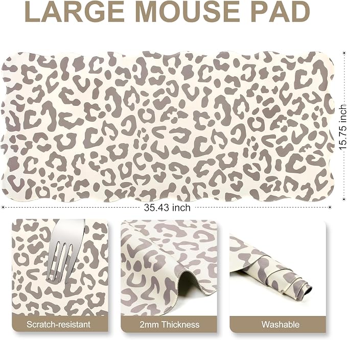 L-SPOUTTO Beige Leopard Mouse Pad,Scalloped Desk Mat XXL Gaming Mousepad | Cheetah Large 35.4x15.7in Non-Slip Rubber Base Keyboard Pad Waterproof Desktop Mat for Laptop Computer Game Home Office