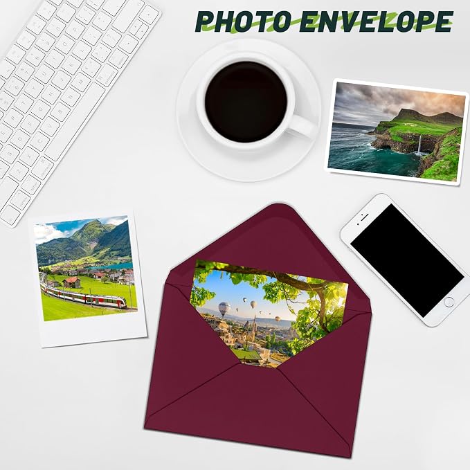 5x7 Envelopes With Golden Stickers (50, Burgundy, A7) | A7 Envelope for Invitations,envelope for 5x7 cards,Self Seal for Postcards, Greeting Cards, Mailing，Wedding
