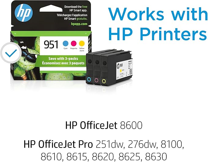 HP 951 Cyan, Magenta, Yellow Ink Cartridges (3 Pack) | Works with OfficeJet 8600, OfficeJet Pro 251dw, 276dw, 8100, 8610, 8620, 8630 | Eligible for Instant Ink | CR314FN