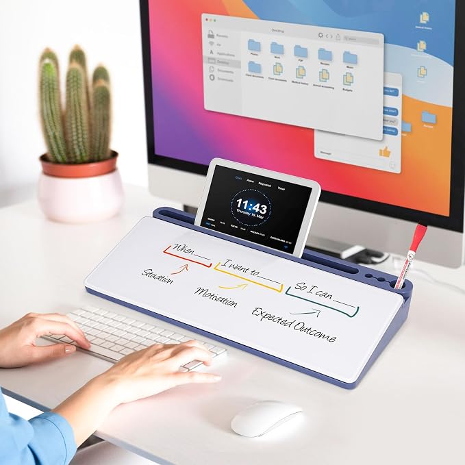 DOLLAR BOSS Glass Desk Whiteboard Small Dry Erase Board, Blue | Desktop White Board with Storage Drawer, Computer Keyboard Stand, Desk Organizer, Office Supplies, With Markers, Eraser