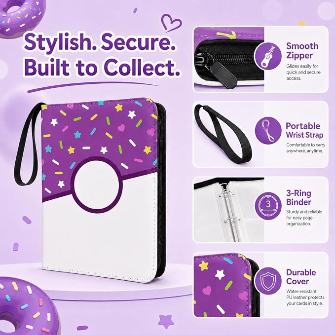 4 Pocket Card Binder 400 Card Holder Album, Purple Donut Trading Cards Holder Zipper Binder for Girl Teen Collection (Purple Donut, 400 Pocket)