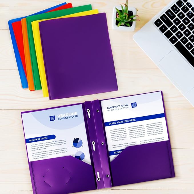 24-Pack Plastic Folders with Pockets and Prongs,2-Pocket Folders with 3 Fasteners, Holds 8-1/2" x 11" Paper for School/Office/Home, Purple