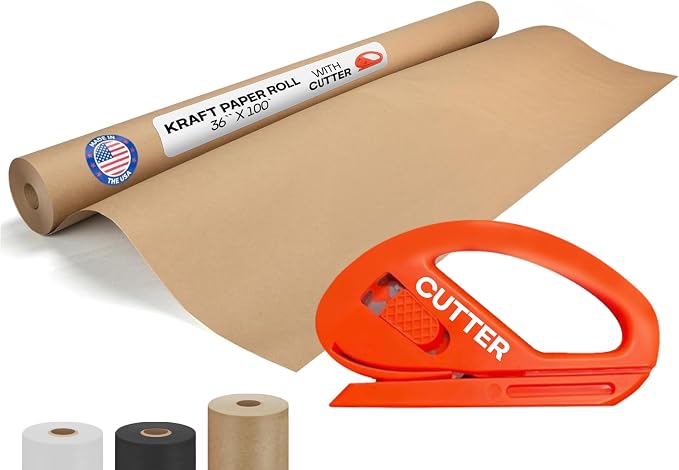 Brown Kraft Paper Roll 36" x 1200" (100 feet) with Cutter - USA-Made | Quality Paper 50lb Thickness for Wrapping, Packing, Moving, Shipping, & Crafts/Arts - Natural Kraft Material by IDL Packaging