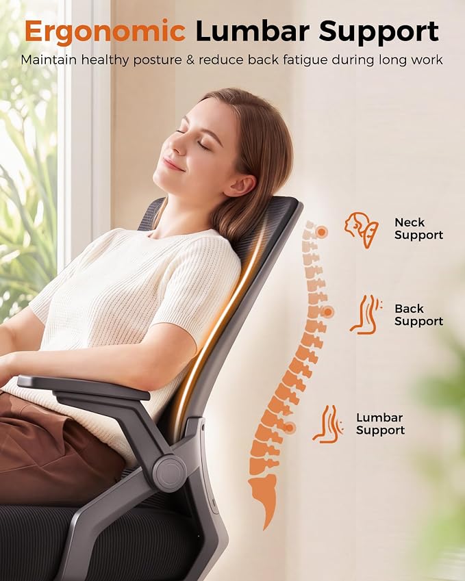 GTPLAYER Ergonomic Office Chair with Flip-up Armrests Executive Computer Chair for Home Office, Breathable Mesh & Comfy Lumbar Support, Black