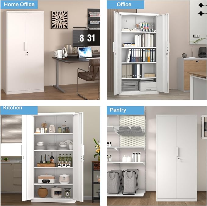 Metal Garage Storage Cabinet with Lock, 72" Tall Steel Storage Locker with 4 Adjustable Shelves, Heavy Duty Metal Cabinet for Garage, Office, Home, White