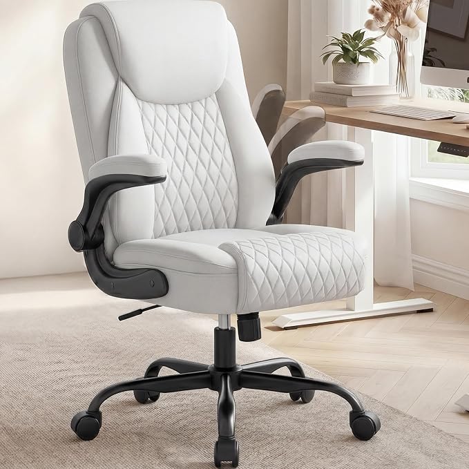 COMHOMA Mid-Back Office Chair, Ergonomic PU Desk Chair with Flip up Arms, Small Computer Gaming with Comfy Lumbar Support,Rocking Function,Sturdy Metal Base, White