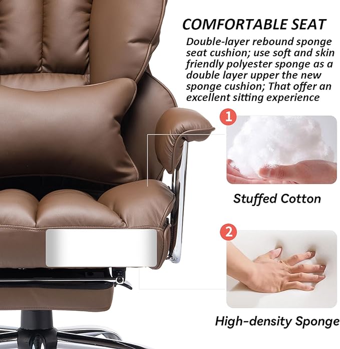 Efomao Big and Tall Office Chair 400lbs – PU Leather Executive Office Chair with Lumbar Support & Leg Rest, Heavy-Duty Computer Chair for Home Office, Brown | 400lbs support, 135° recline, dual-layer foam cushion, 23.5" seat & footrest. BIFMA