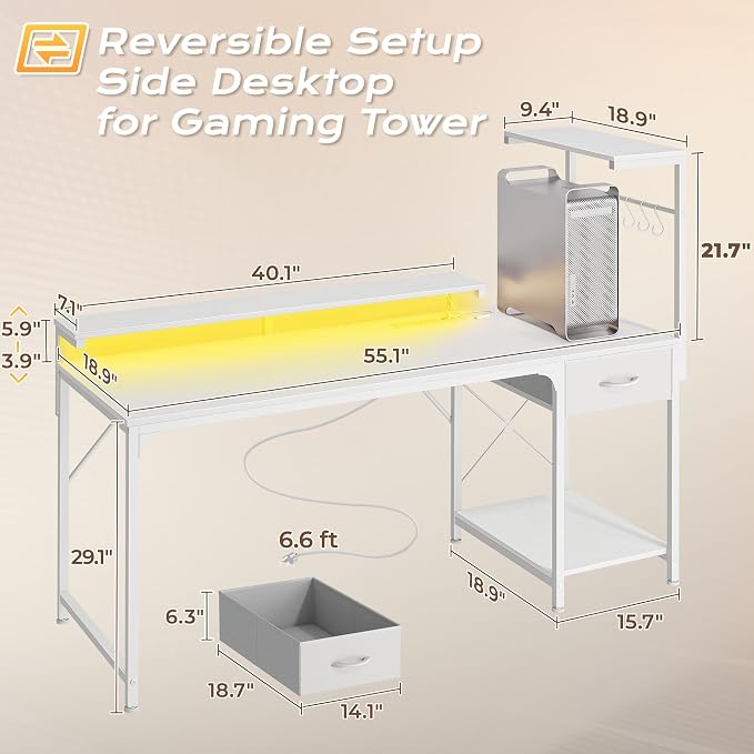55.1 Inch Gaming Desk with LED Lights & Power Outlets | Computer Desk with Drawer & Storage Shelves, Office Writing Desk with Monitor Stand for Work from Home, White