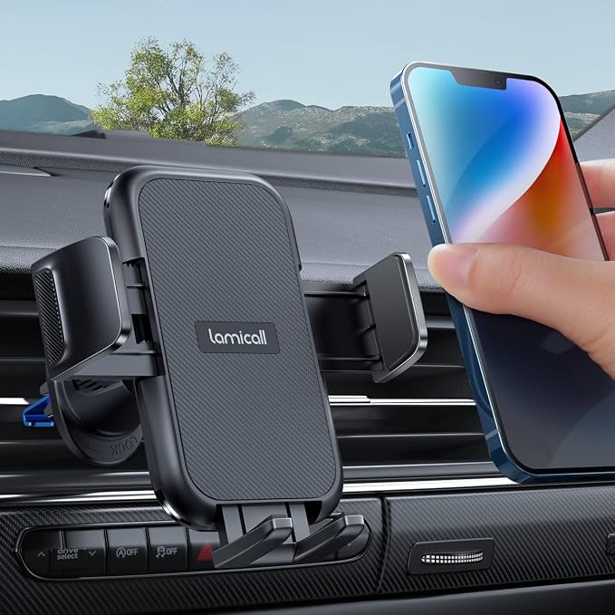 Lamicall 2026 Wider Clamp & Metal Hook Car Phone Holder Vent Accessories | Thick Cases Friendly Phone Holders for Your Car Mount Hands Free for Women Men Gift for iPhone 17 16 15 14 Pro Max Dark Grey