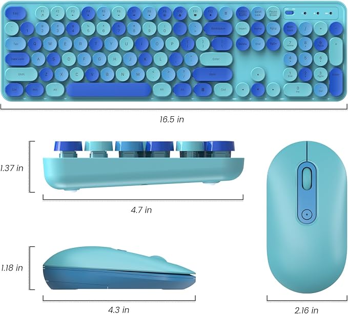 Wireless Keyboard and Mouse, Full-Sized Typewriter Keyboard Silent, Blue | USB Full-Sized Quiet Keyboard, Cute Colorful Round Keycaps, Plug & Play, Compatible with PC, Computer, Laptop