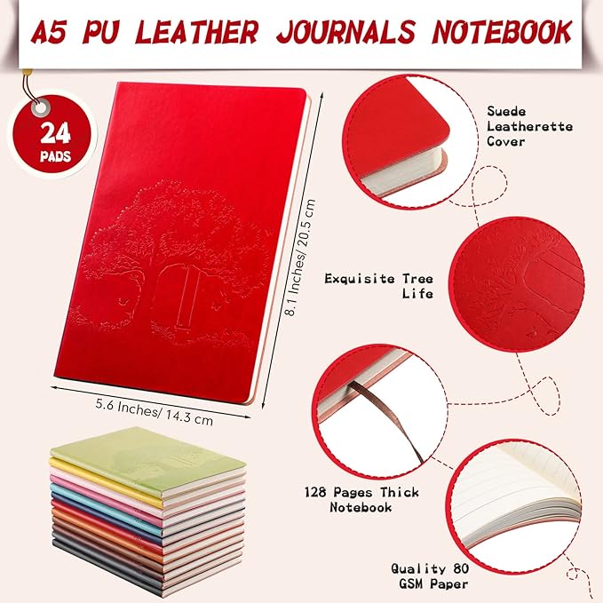 TaoBary 24 Pcs Employee Appreciation Gift A5 PU Leather Journal Bulk Colorful Tree Lined Journal Notebook Soft PU Leather Cover Ruled Writing Notebook for Office School Teacher Nurse (Bright Colors)