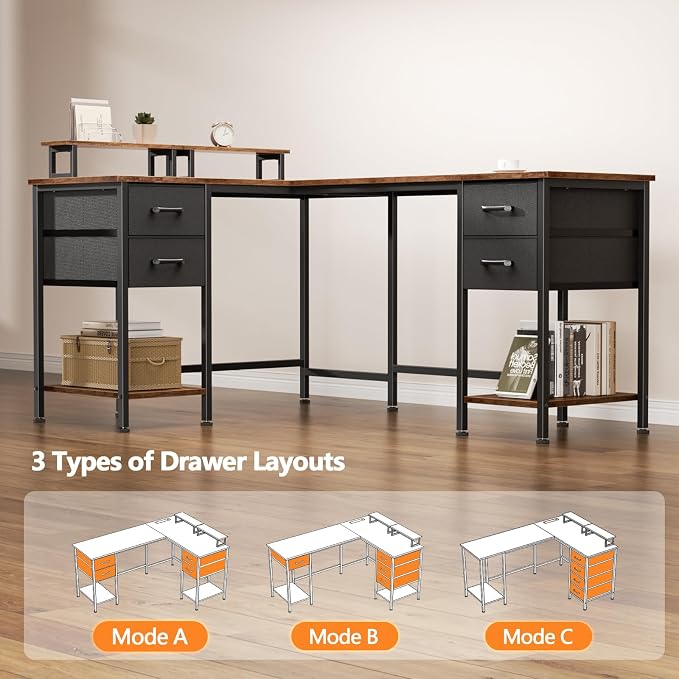 Korfile 59 inch L Shaped Computer Desk with Power Outlets, Rustic Brown | Ideal for Home Office, Bedroom, Corner, 4 Adjustable Storage Drawers, 2 Monitor Stands, Reversible, Two Person Gaming Table