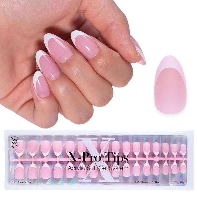 SXC Cosmetics French Tip Press On Nails 150 Pieces in 15 Sizes Ultra Fit with Pre-applied Tip Primer and Base Coat, No Need to File Fake Nails for Nail Art DIY X-Pro Tips (P114-S Almond)