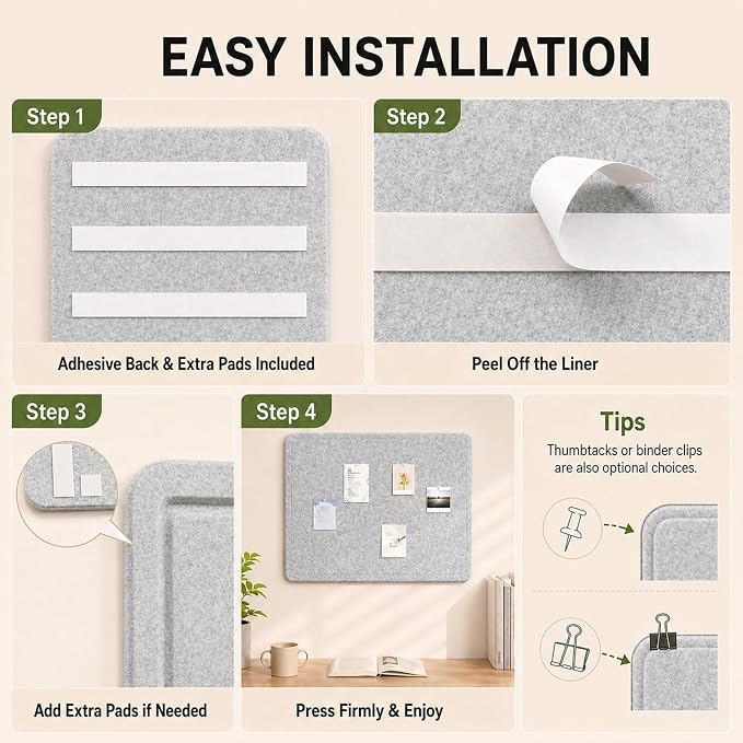 Felt Bulletin Board for Wall 48" x 36" Unfolded Size, Large Frameless Felt Pin Board, Soft Cork Board Alternative for Office, Home Planning, Notes, Photos & Wall Decor, Foldable Shipping, Easy Install