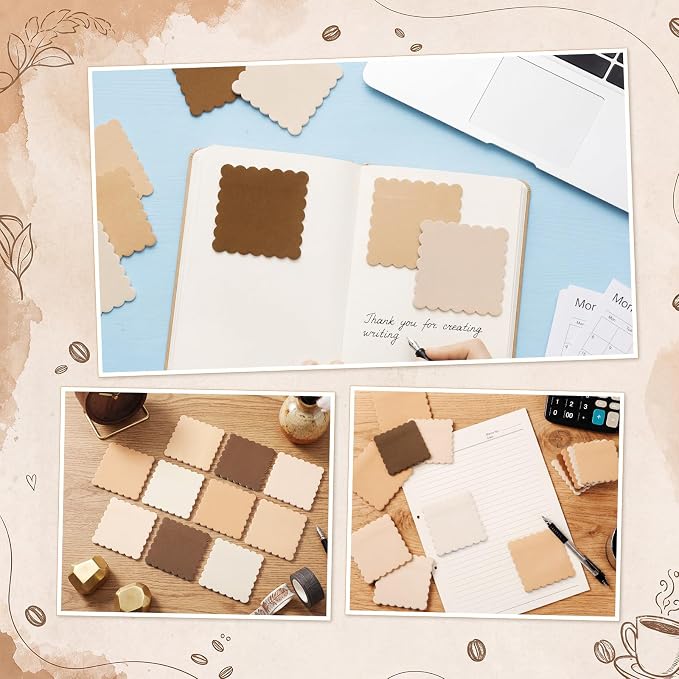 Epakh 10 Pack Scalloped Line Sticky Notes,3 x 3 Inch,Brown | 300 Sheets, Small Notes Pads, Thick Note Pads, Strong Adhesive, Back to School Office Supplies