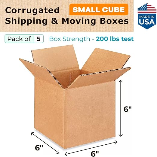 Small Cube Moving & Shipping Boxes 6 x 6 x 6 inches (5-Pack) - Extra Strength 200 lb vs Regular - Corrugated Moving Boxes for USPS/FEDEX - Packing Box for Moving - Cardboard Box by IDL Packaging | Extra Strength 200 lb vs Regular - Corrugated Moving Bo...
