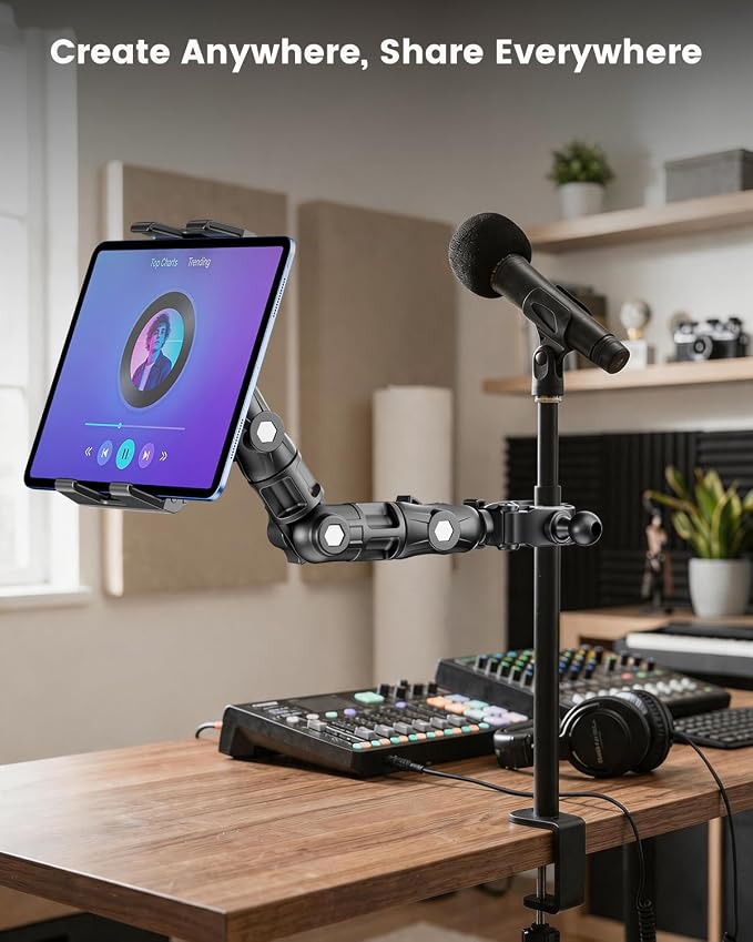 OHLPRO Tablet Holder for Mic Stand, 360° Adjustable Long Arm Tablet & Phone Mount with Clamp, for Treadmill Handlebar, Peloton Bike, Stroller, Wheelchair, Fits 5–13" Devices