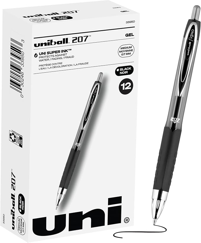 uni-ball Signo 207 Gel Pen, 0.7mm Medium Black, Smooth Writing (Pack of 12, 144 Count Total)
