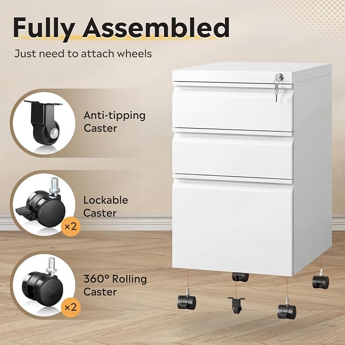 DEVAISE 3 Drawer Mobile File Cabinet, Fully Assembled Except Casters | Under Desk Metal Filing Cabinet with Lock for Home Office, Fits Letter/Legal/A4 Sizes, White