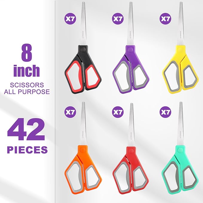 BURVAGY 42 Pack 8" Scissors All Purpose, Heavy Duty Scissors for Office | Scissors Bulk Multipurpose Comfort-Grip Sharp Adult Office Scissors Set Sewing Fabric Stainless Steel Blades, Right/Left Hand