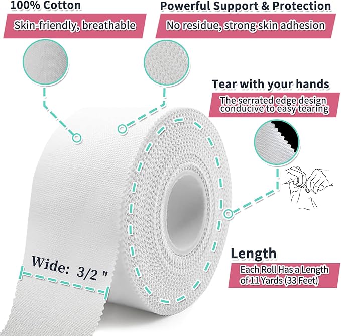 Athletic Tape 2 Pack White Sports Tape Athletic Strong-Breathable-Easy Tear-No Sticky Residue Wrist Ankle Tape for Lacrosse Boxing Gymnastics Climbing Soccer Hockey Bat Injuries Medical