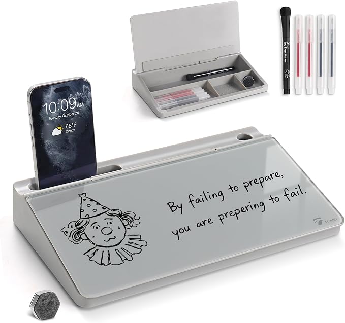 TOWON Compact Glass Desktop Whiteboard with Storage 12x7 in, Gray | Dry erase writing surface, 5 markers, eraser and holder included, for the office, home or school desk