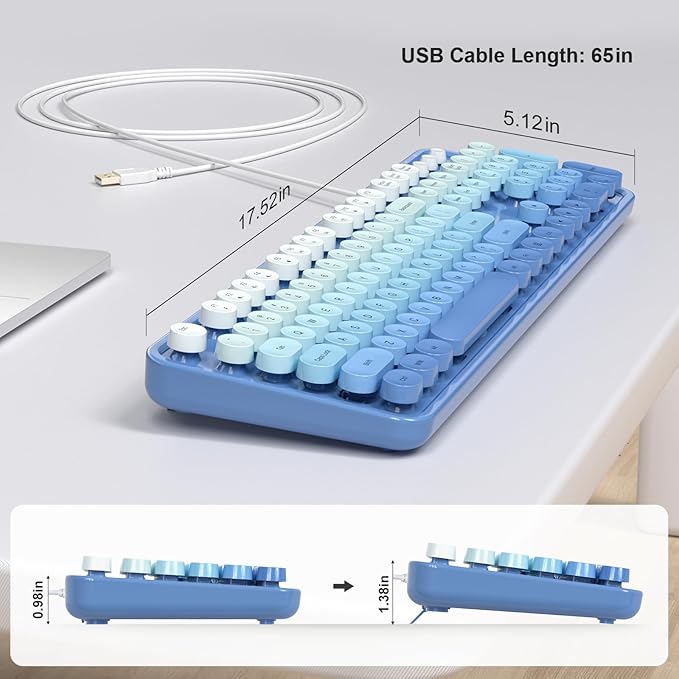 Computer Keyboard Wired, Plug and Play USB Retro Round Typewriter Keyboard, Full Size Wired Keyboard with Foldable Stands for Laptop and Office PC