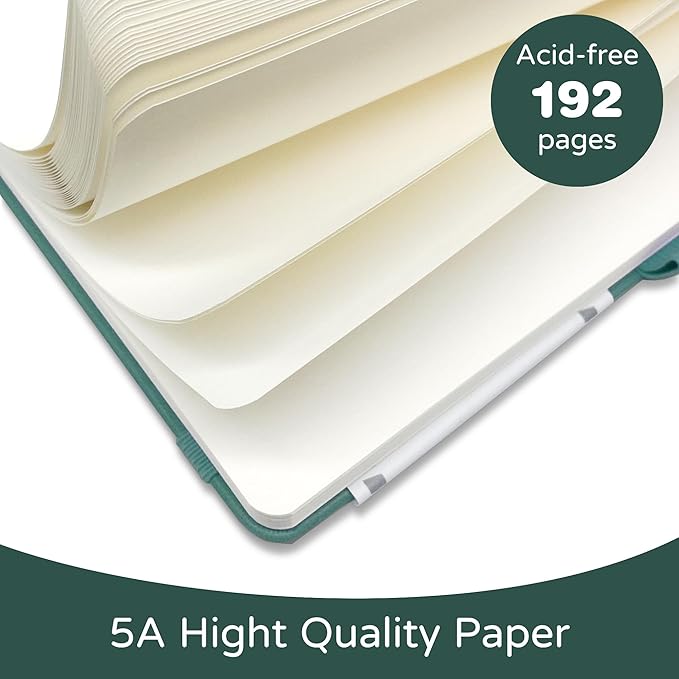 Blank Journal Notebook, A5, 192 Pages 100 GSM Thick Sketch Book for Women Men, Hardcover Leather Unlined Journaling for Work, Notebooks for Writing, 5.8 inches x 8.5 inches (Dark Green)