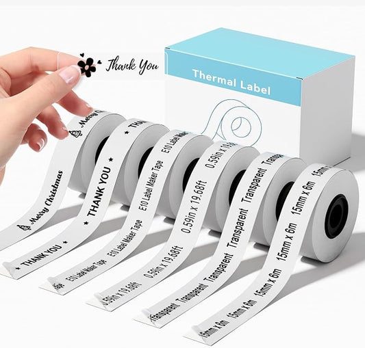 6 Rolls Compatible with SUPVAN E10 & SUPVAN E11 Bluetooth Label Maker | Continuous Thermal Label Tape Refill ,Black on Transparent,15mm × 6m.Cannot be used on Katasymbol app, please use SUPRINT app