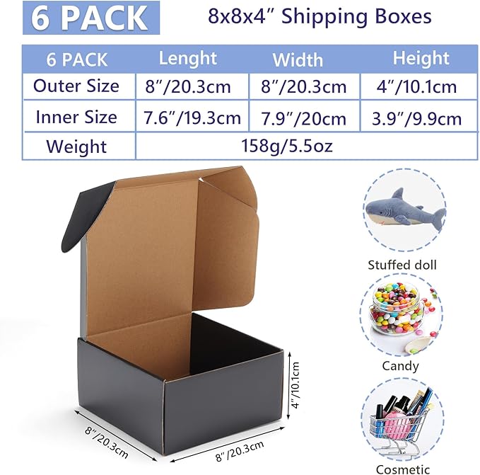 EXYGLO 6 Pack 8x8x4 Shipping Boxes, Black Corrugated Cardboard Boxes for Packaging Small Business, Moving, Shipping, Mailing, and Storing